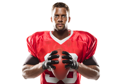 Portrait of American football player in red jersey holding ball against white background