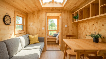 Cozy wood-paneled interior with a sofa, dining table, and skylights, featuring a bright and airy feel with natural light.