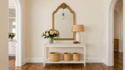 Elegant entryway featuring a gold ornate mirror, a bouquet of roses, a white table lamp, and woven baskets on a console table, with arched doorways.