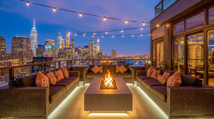 A luxurious rooftop terrace with comfortable seating, a modern fire pit, and a stunning city skyline view at dusk, illuminated by warm string lights.