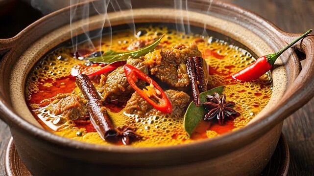 Close-up of Delicious Steaming Hot Meat Curry in Traditional Clay Pot with Aromatic Spices