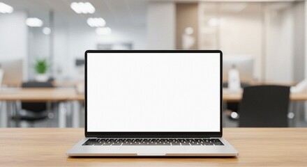 Fototapeta premium Front view of a laptop with a blank white screen on a wooden table in an office, with a blurred background. 