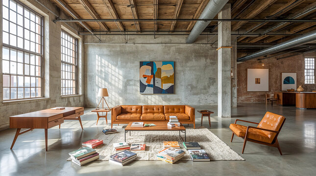 Spacious loft living area with a modern tan leather sofa, armchair, coffee table with books, and a desk, set against exposed concrete walls and large windows.