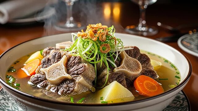 Close-up of Delicious Steaming Oxtail Soup with Vegetables and Garnish, Served Hot in a Restaurant Setting