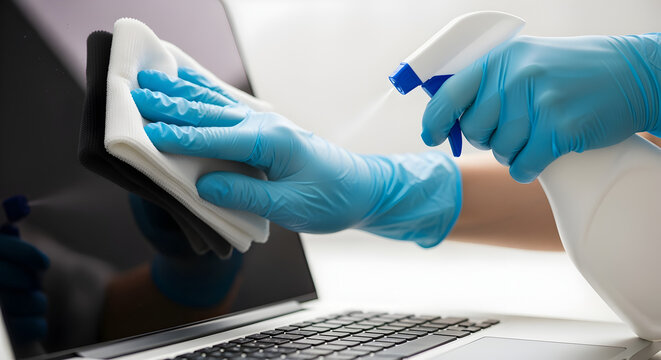 Person in Blue Gloves Cleaning Laptop Screen with White Cloth and Spray Bottle on White Surface