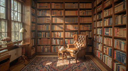 A sunlit library featuring a tufted leather armchair beside a window and towering bookshelves filled with antique books. A small table holds a book and a cup.
