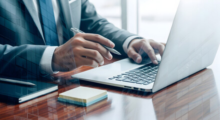 Person in Blue Suit Typing on Laptop at Wooden Desk with Accessories in Bright Office