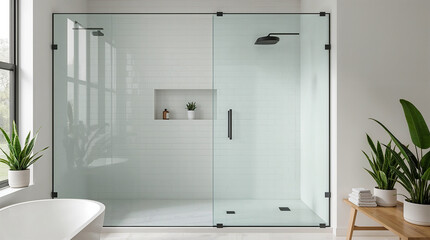 Modern bathroom with a sleek glass-enclosed shower featuring subway tile, a built-in niche, and black fixtures. Lush plants add a touch of nature.