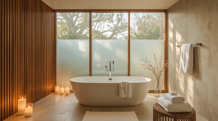 Fototapeta premium A serene bathroom featuring a freestanding bathtub bathed in warm sunlight filtering through a large window. Wood accents and candles create a tranquil ambiance.
