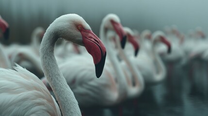 Naklejka premium Tranquil flock of flamingos in a serene foggy aquatic environment landscape