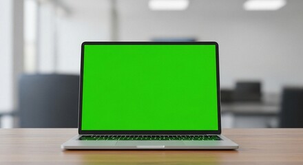 Front view of a laptop with a blank white screen on a wooden table in an office, with a blurred background.	