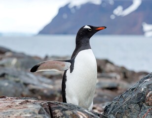Naklejka premium Gentoo penguin on rocky shoreline