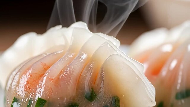 Close-up of Steaming Hot Delicious Asian Shrimp Dumplings with Translucent Wrapper