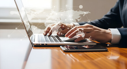 Person in Suit Typing on Laptop with World Map Overlay on Wooden Desk