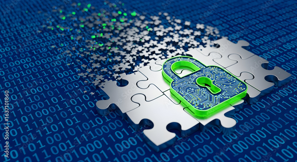 Poster cybersecurity and data protection concept: digital padlock on puzzle with binary code