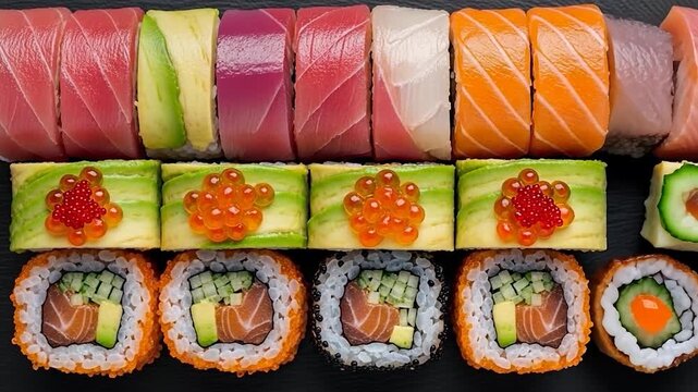 Close-up View of Delicious Fresh Japanese Sushi Rolls and Nigiri Platter