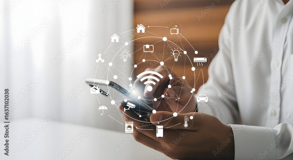 Aufkleber person interacting with digital network using a smartphone on white table with wooden background