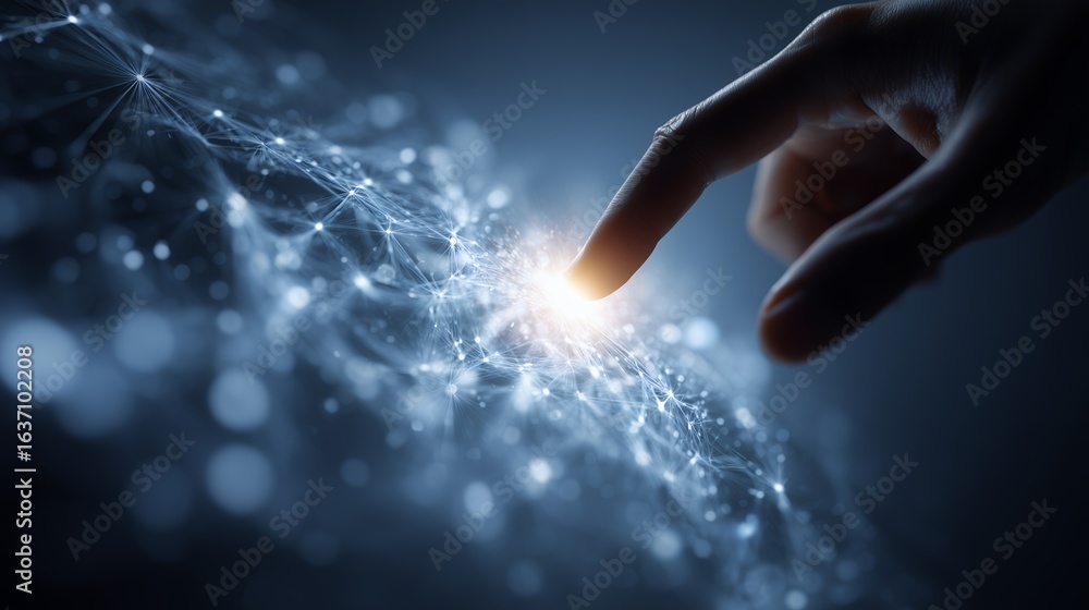 Poster index finger touching a bright spot on a network of glowing points and lines. concept for artificial