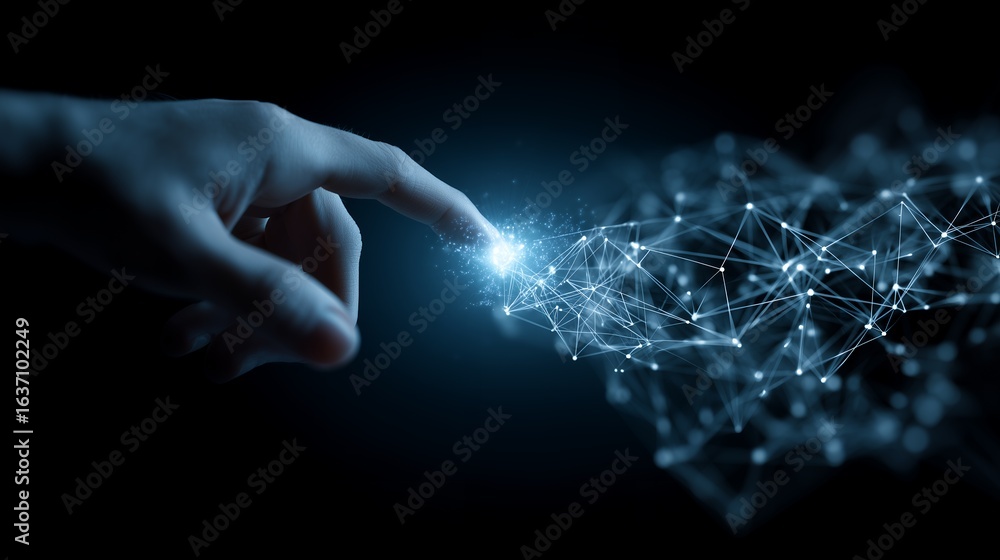 Poster human finger touching glowing network of connected dots on a dark background. concept for artificial