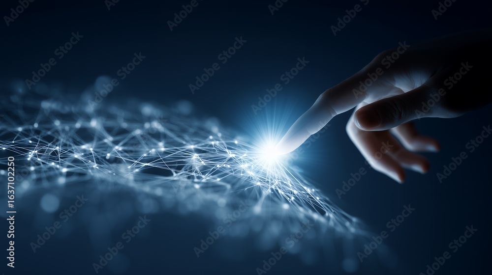 Poster finger touching a glowing network connection point on dark backdrop, concept for technological innov