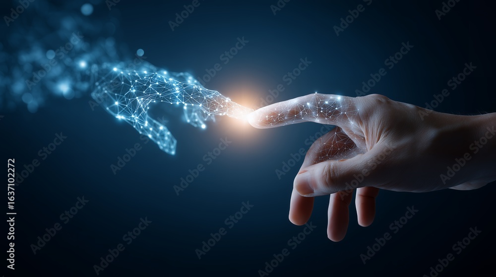 Aufkleber digital hand touching a human hand with glowing connection point in dark blue background. concept fo