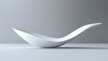 Surreal minimalist scene of a large curved spoon floating in mid-air, featuring smooth elegant curves against a soft gray background.

