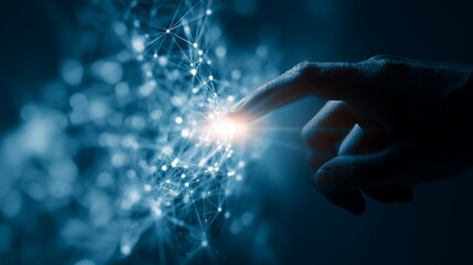 Human finger touching a network of glowing nodes connected by lines in blue tones. Concept for digital transformation, innovative technology, and neural connections.