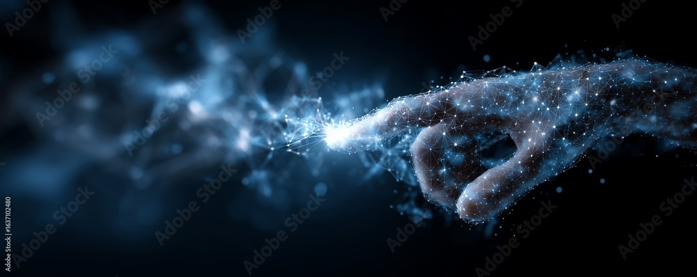 Poster digital hand touching network connection with glowing nodes on a dark backdrop. concept for artifici