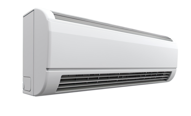 A white, wall-mounted air conditioner unit.  Compact design,  flat panel.  Features a grille.  Modern aesthetic