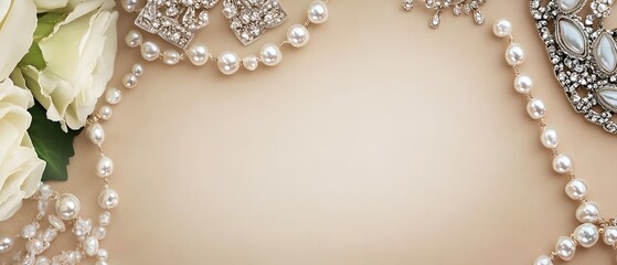 Elegant Pearl Jewelry and White Roses Flatlay Background