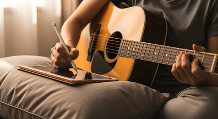 Person Playing Acoustic Guitar While Using Digital Tablet with Stylus Pen Indoors in Soft Natural Light