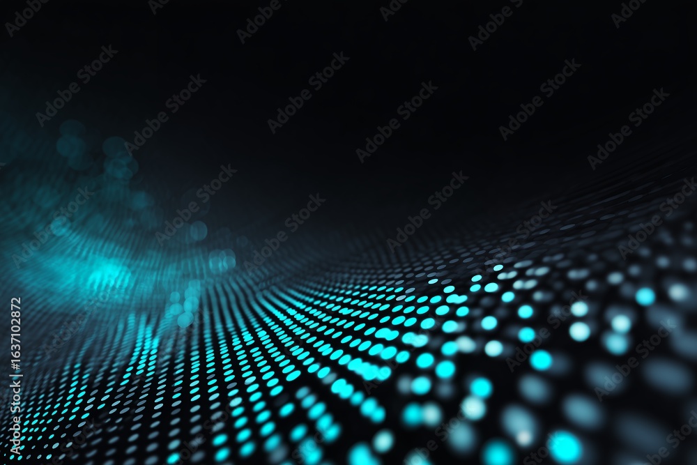 Aufkleber abstract digital wave with glowing dots on dark background, blurred teal lights. concept for technol