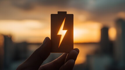 Hand holding battery icon with lightning symbol against a sunset city view, concept for renewable energy solutions, electric vehicle promotion and sustainable urban development