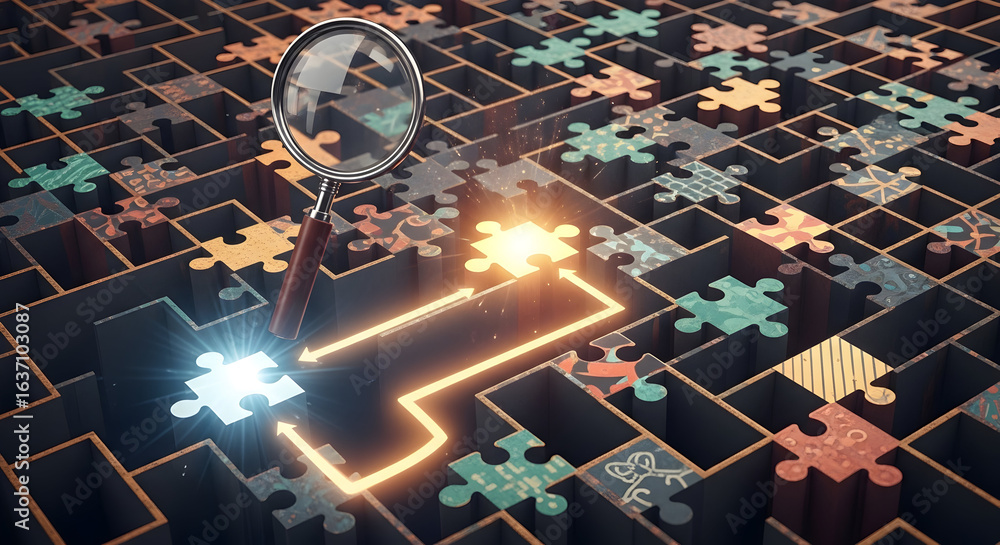 Poster finding solution concept with magnifying glass, puzzle maze, and illuminated path