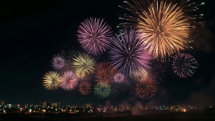 穏やかな住宅街の夜空を照らす日本の打ち上げ花火を描いた情緒あふれる和風イラスト。夏祭り、花火大会、観光、夜景、暮らし、イベント告知やウェブデザインの背景素材としても使える美しい情景。