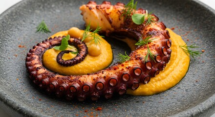 Grilled Octopus Tentacle with Creamy Sauce on Stone Plate A Culinary Delight