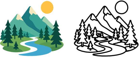 Fototapeta premium Stylized landscape illustration featuring mountains, river, trees, and a sun, with a color and line art version.
