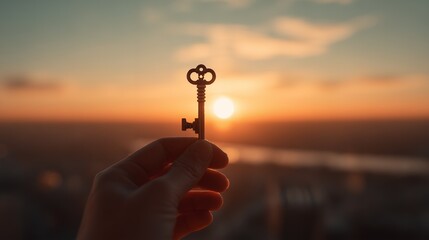 Hand holding vintage key against vibrant sunset sky with blurred cityscape backdrop. Concept for property access, unlocking potential and achieving aspiration