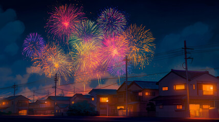 夏の夜空を鮮やかに彩る日本の打ち上げ花火と、静かに広がる住宅地の街並みを描いた情緒的なイラスト。夏祭り、夜景、観光、花火大会、暮らし、イベント告知、背景素材やデザイン装飾にも最適な和風情景。