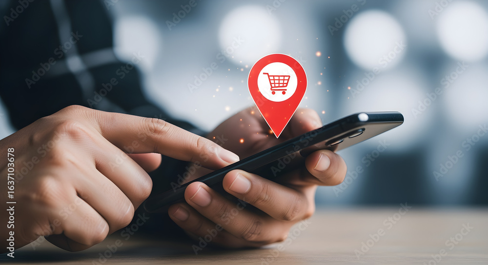 Poster person tapping smartphone display with red location pin with shopping cart icon on screen with bokeh