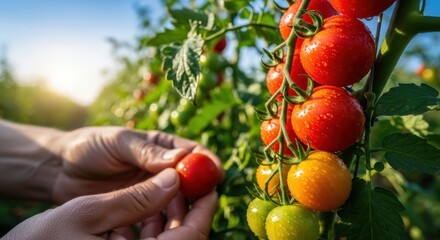 Farmer picking vine ripe cherry tomatoes in summer garden sunshine