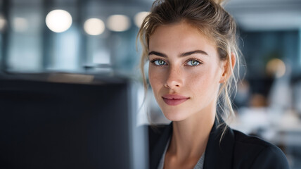 Fototapeta premium Determined professional woman working on project at office computer
