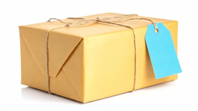 A neatly wrapped golden box with a blue tag, tied with twine, isolated on white. The package suggests a gift