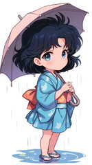 色鮮やかな傘を差し、しとしと降る雨の中を歩く女の子を描いたアニメ風イラスト。梅雨、雨上がり、散歩、街並み、風景素材、広告デザイン、SNS配信、ポスターや挿絵など多用途に使える美しい情景。