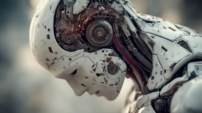 Close-up of a futuristic robot head showcasing internal mechanics and design