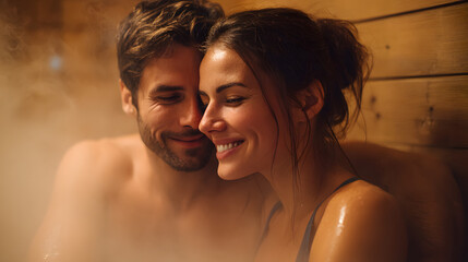 Couple relaxing in a sauna with visible steam, encapsulating serenity and relaxation as they enjoy a peaceful moment together away from daily stress.