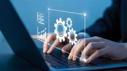 Businessperson analyzing data with laptop and gear icons for success