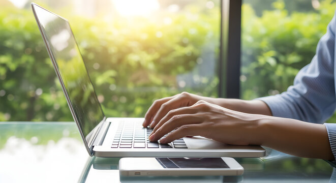 Person Typing on Laptop in Bright Sunlight with Blue Shirt and Blurred Green Foliage