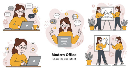 Set of business woman character illustrations in various office poses and activities.