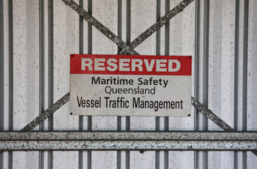 Reserved Parking sign for Maritime Safety Queensland Vessel Traffic Management employees attached...